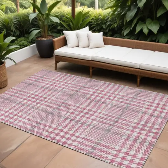 Blush Gray And Ivory Plaid Washable Indoor Outdoor Area Rug Photo 1