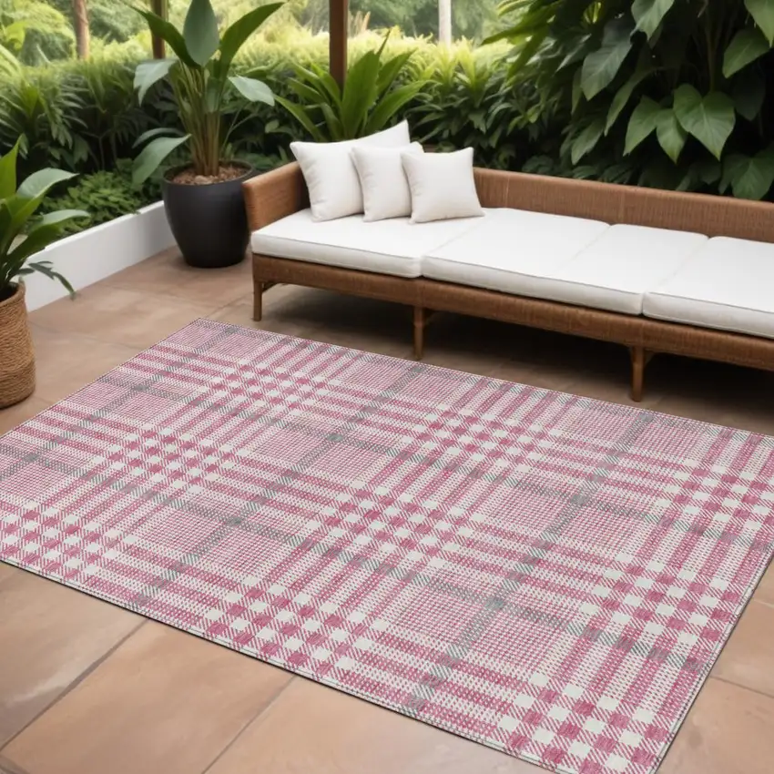 Blush Gray And Ivory Plaid Washable Indoor Outdoor Area Rug Photo 1