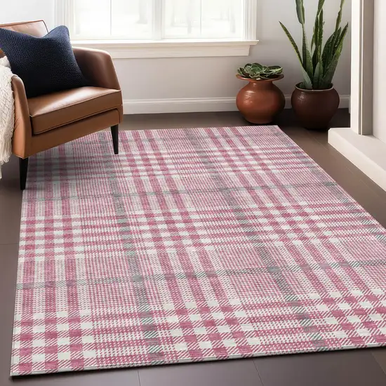 Blush Gray And Ivory Plaid Washable Indoor Outdoor Area Rug Photo 8