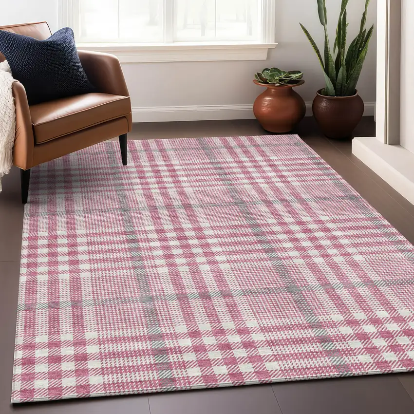 Blush Gray And Ivory Plaid Washable Indoor Outdoor Area Rug Photo 8