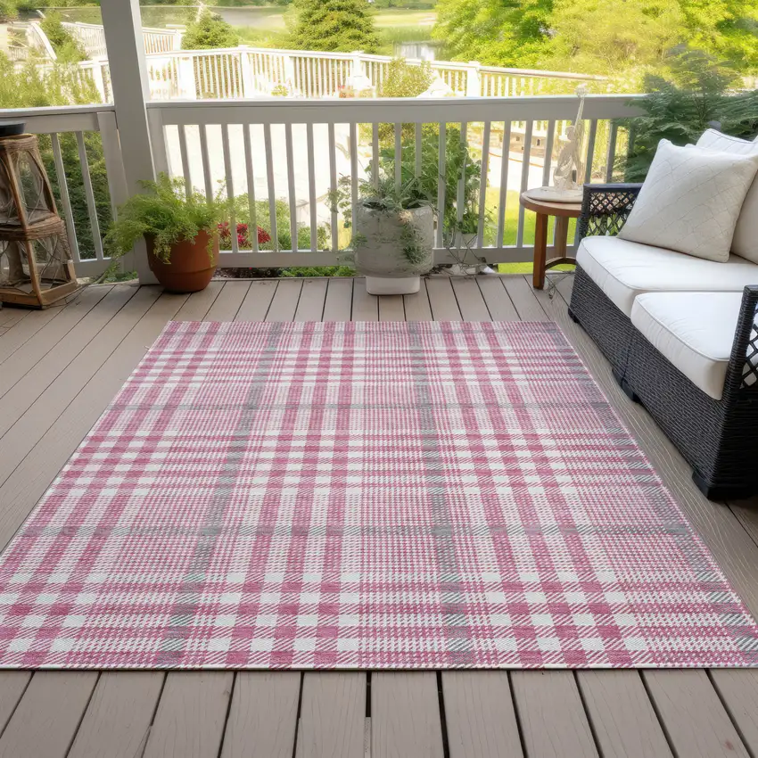 Blush Gray And Ivory Plaid Washable Indoor Outdoor Area Rug Photo 7