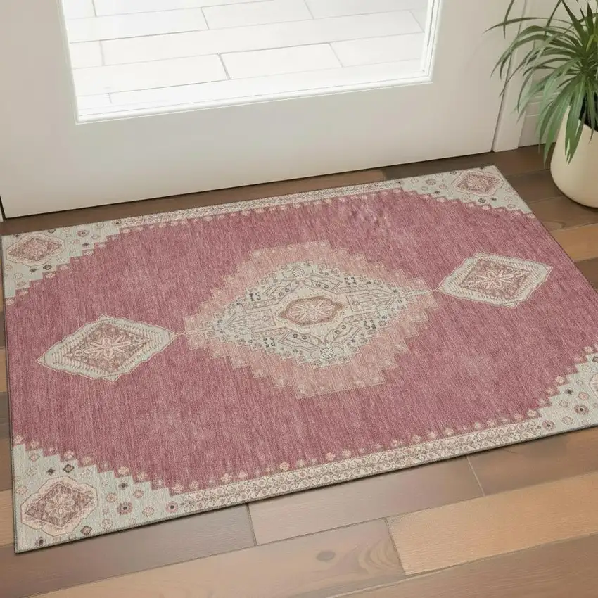 Blush Gray And Pink Oriental Washable Area Rug With UV Protection Photo 2