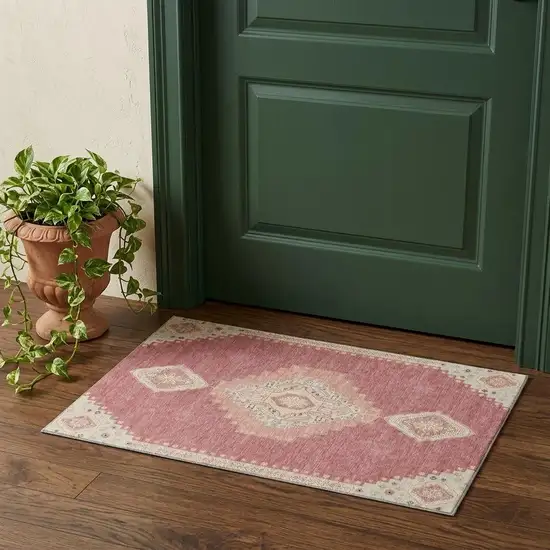 Blush Gray And Pink Oriental Washable Area Rug With UV Protection Photo 1