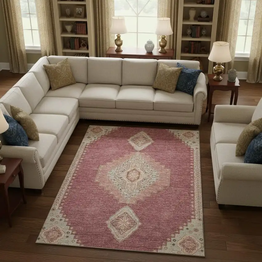 Blush Gray And Pink Oriental Washable Area Rug With UV Protection Photo 2