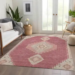Photo of Blush Gray And Pink Oriental Washable Area Rug With UV Protection