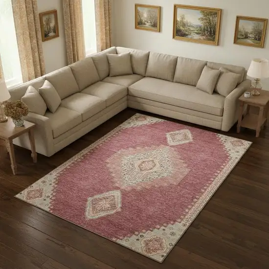 Blush Gray And Pink Oriental Washable Area Rug With UV Protection Photo 2
