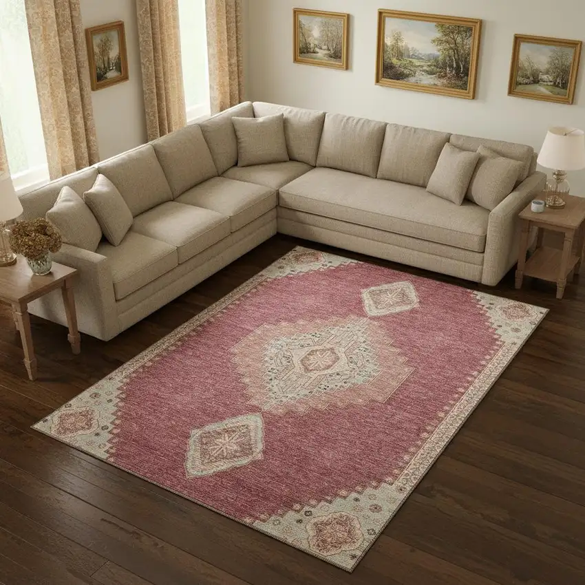 Blush Gray And Pink Oriental Washable Area Rug With UV Protection Photo 2