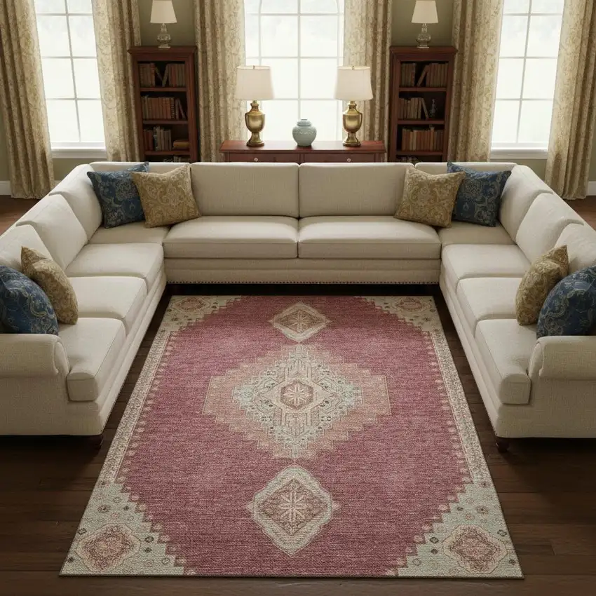 Blush Gray And Pink Oriental Washable Area Rug With UV Protection Photo 2