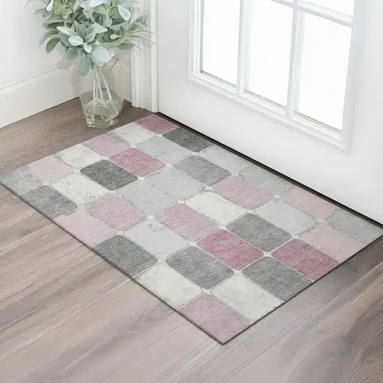 Blush Gray And Silver Geometric Washable Area Rug With UV Protection Photo 2