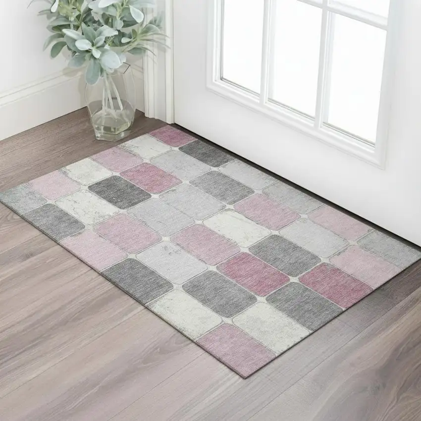 Blush Gray And Silver Geometric Washable Area Rug With UV Protection Photo 2