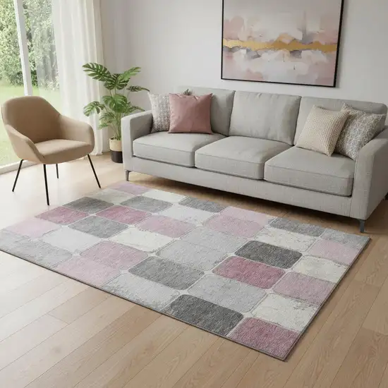 Blush Gray And Silver Geometric Washable Area Rug With UV Protection Photo 2