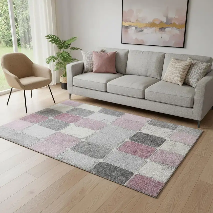 Blush Gray And Silver Geometric Washable Area Rug With UV Protection Photo 2