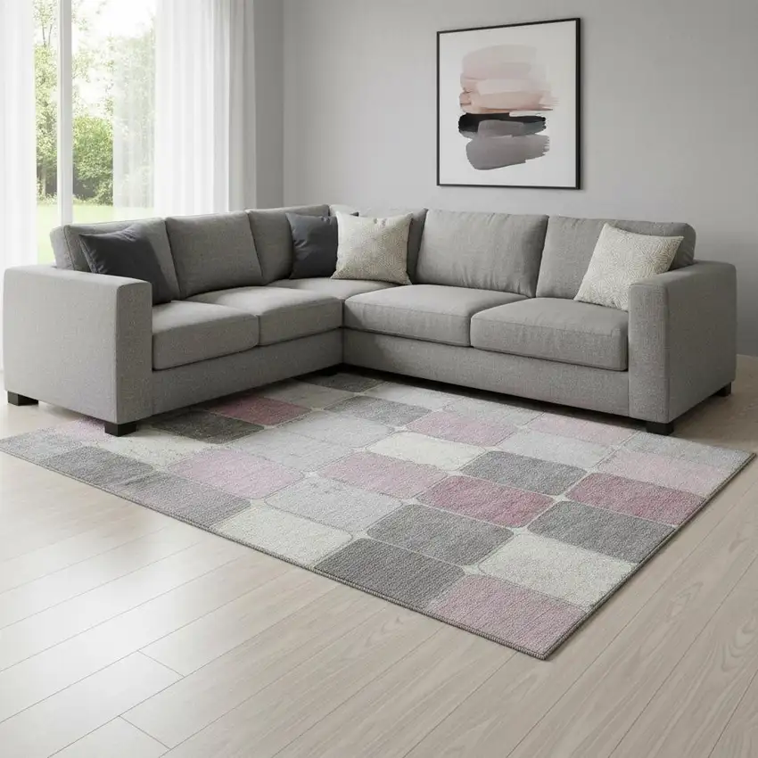 Blush Gray And Silver Geometric Washable Area Rug With UV Protection Photo 2