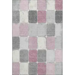 Photo of Blush Gray And Silver Geometric Washable Area Rug With UV Protection