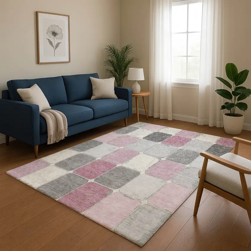 Blush Gray And Silver Geometric Washable Area Rug With UV Protection Photo 5
