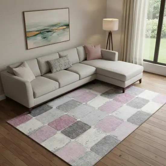 Blush Gray And Silver Geometric Washable Area Rug With UV Protection Photo 2