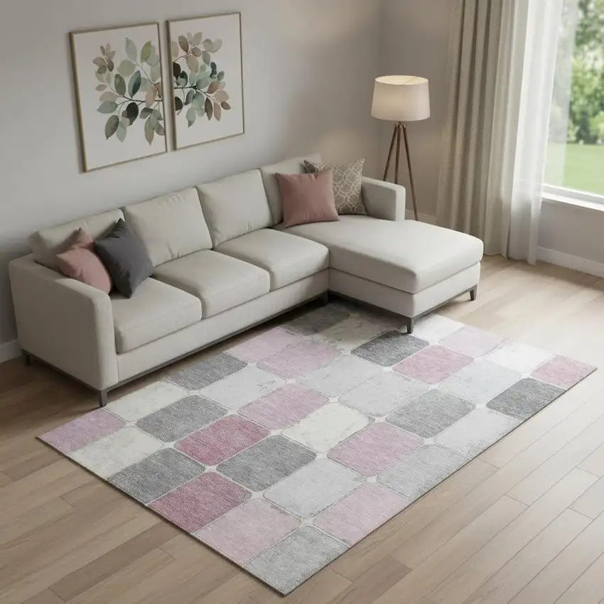 Blush Gray And Silver Geometric Washable Area Rug With UV Protection Photo 2