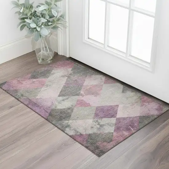 Blush Gray And Silver Geometric Washable Area Rug With UV Protection Photo 2