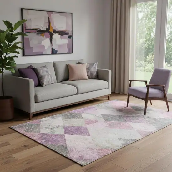 Blush Gray And Silver Geometric Washable Area Rug With UV Protection Photo 2