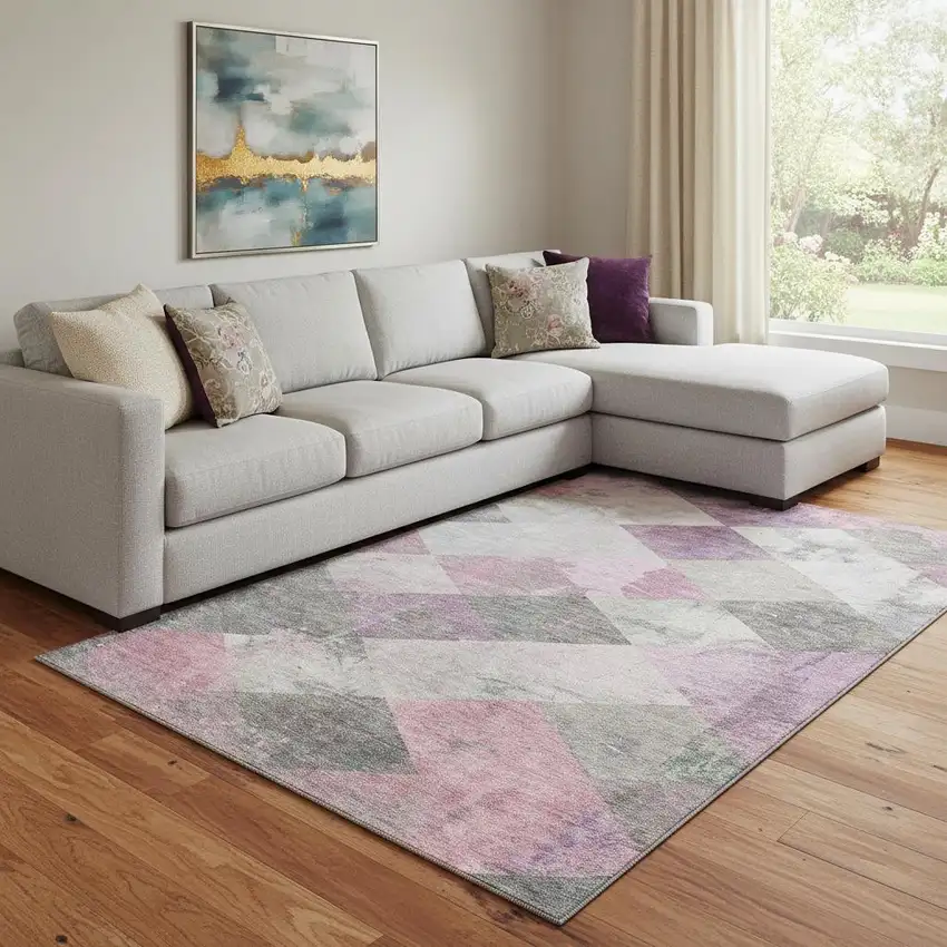 Blush Gray And Silver Geometric Washable Area Rug With UV Protection Photo 2