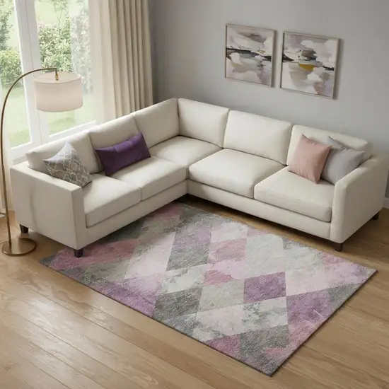 Blush Gray And Silver Geometric Washable Area Rug With UV Protection Photo 2