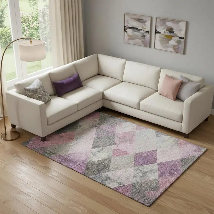 Blush Gray And Silver Geometric Washable Area Rug With UV Protection Photo 2