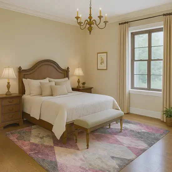 Blush Gray And Silver Geometric Washable Area Rug With UV Protection Photo 6