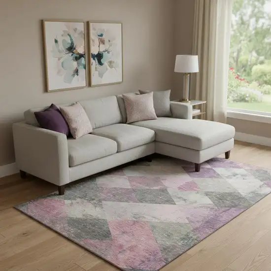 Blush Gray And Silver Geometric Washable Area Rug With UV Protection Photo 2