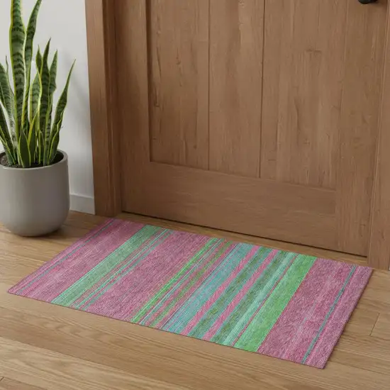 Blush Green And Blue Striped Washable Area Rug With UV Protection Photo 1