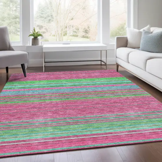 Blush Green And Blue Striped Washable Area Rug With UV Protection Photo 4
