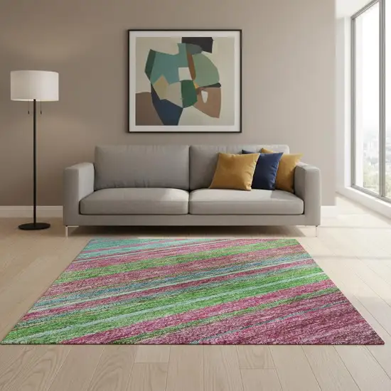 Blush Green And Blue Striped Washable Area Rug With UV Protection Photo 2