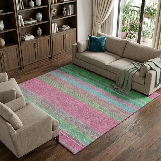 Blush Green And Blue Striped Washable Area Rug With UV Protection Photo 1