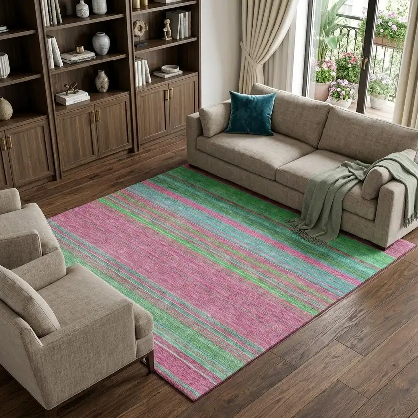 Blush Green And Blue Striped Washable Area Rug With UV Protection Photo 1