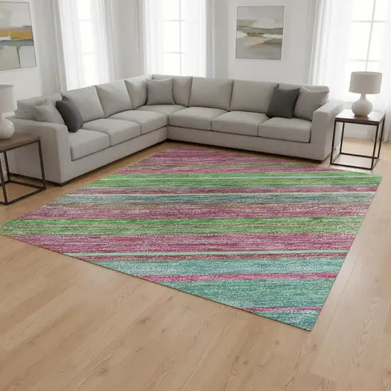 Blush Green And Blue Striped Washable Area Rug With UV Protection Photo 2