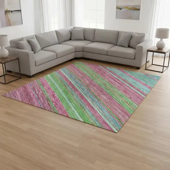 Blush Green And Blue Striped Washable Area Rug With UV Protection Photo 2