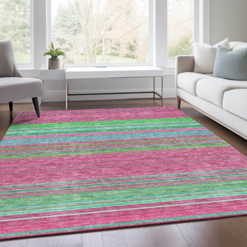 Blush Green And Blue Striped Washable Area Rug With UV Protection Photo 3