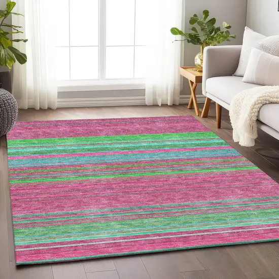 Blush Green And Blue Striped Washable Area Rug With UV Protection Photo 2