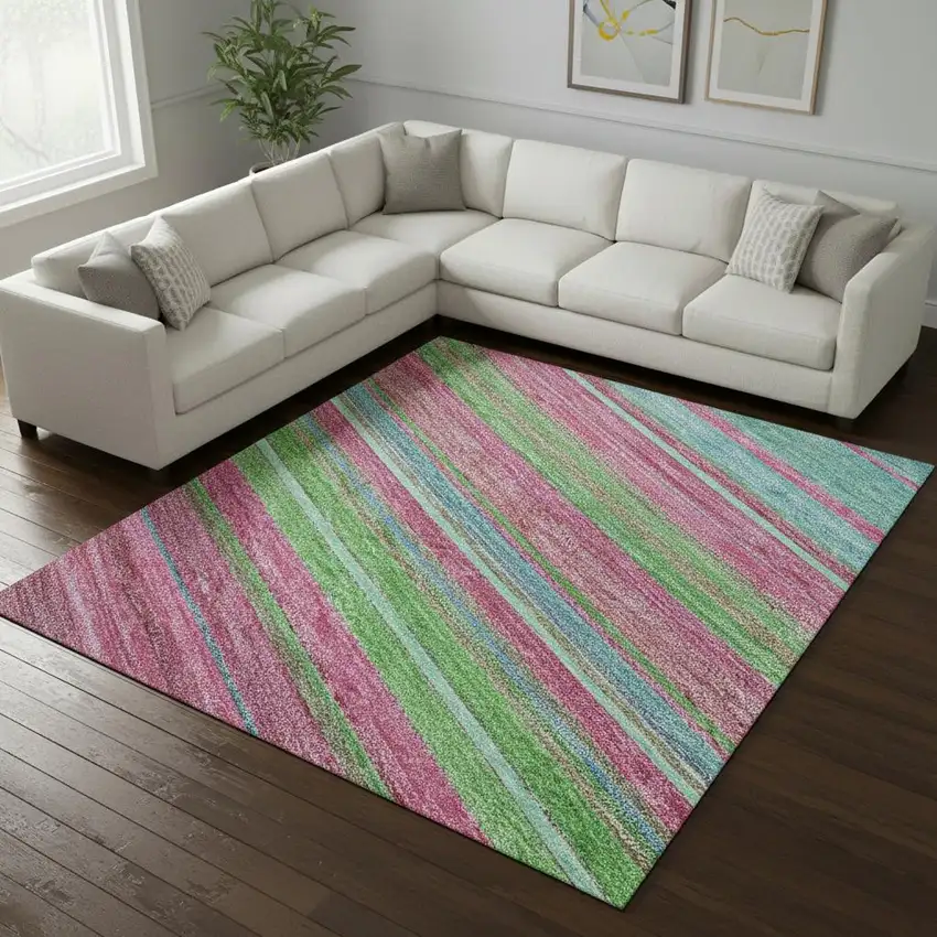 Blush Green And Blue Striped Washable Area Rug With UV Protection Photo 2