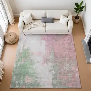 Photo of Blush Green And Gray Abstract Washable Area Rug With UV Protection