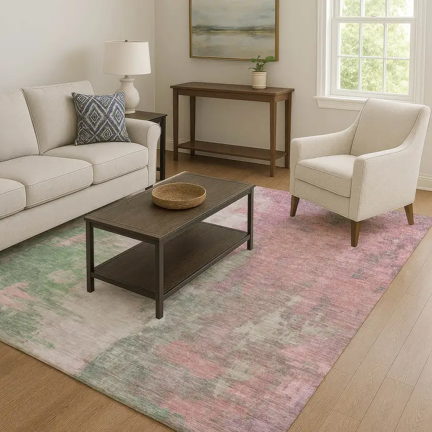 Blush Green And Gray Abstract Washable Area Rug With UV Protection Photo 6