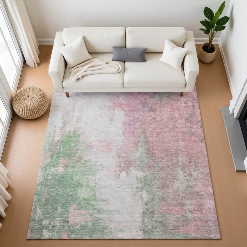 Blush Green And Gray Abstract Washable Area Rug With UV Protection Photo 5