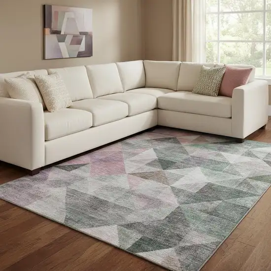 Blush Green And Ivory Geometric Washable Area Rug With UV Protection Photo 2
