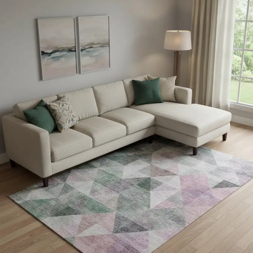 Blush Green And Ivory Geometric Washable Area Rug With UV Protection Photo 2