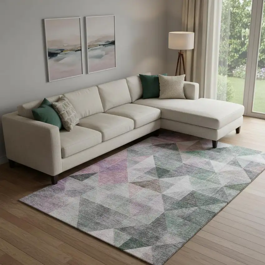 Blush Green And Ivory Geometric Washable Area Rug With UV Protection Photo 2