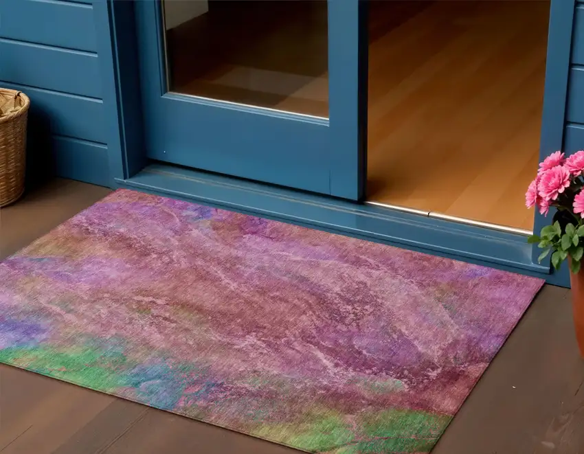 Blush Green And Purple Abstract Washable Indoor Outdoor Area Rug Photo 1