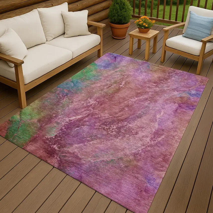 Blush Green And Purple Abstract Washable Indoor Outdoor Area Rug Photo 9