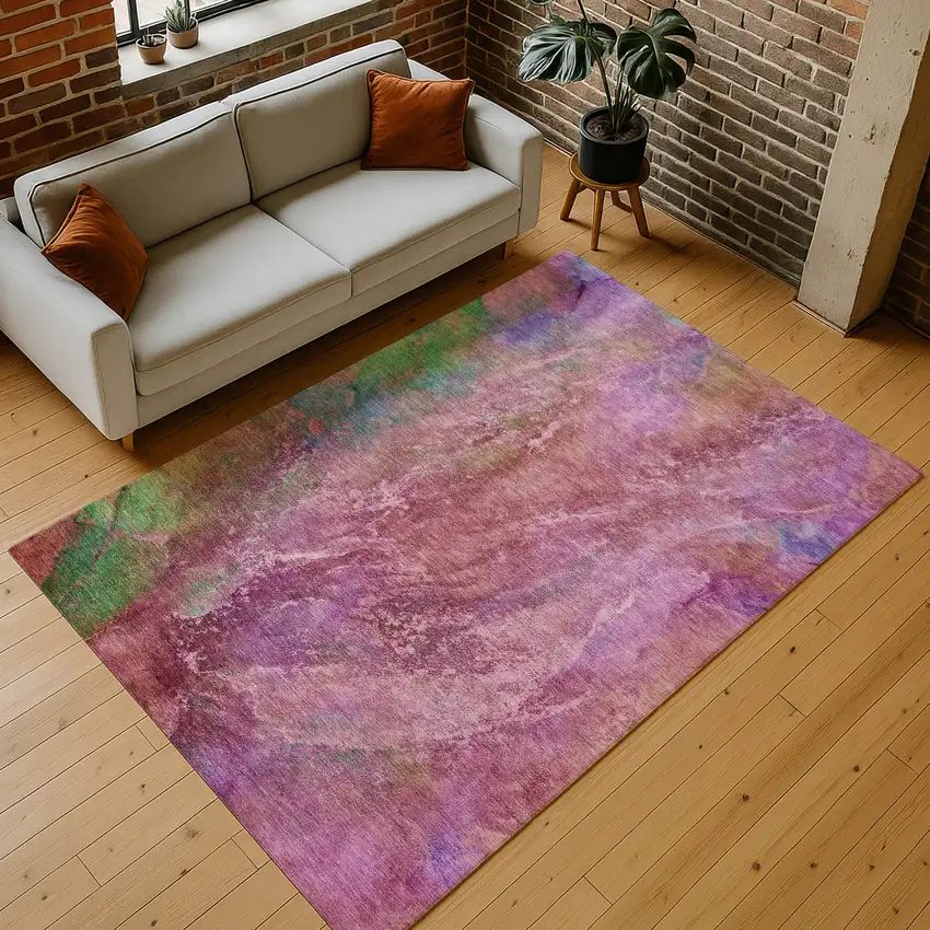 Blush Green And Purple Abstract Washable Indoor Outdoor Area Rug Photo 9