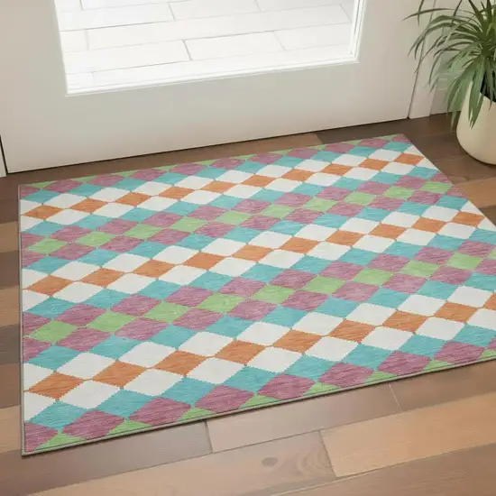 Blush Green And Teal Geometric Washable Area Rug With UV Protection Photo 2