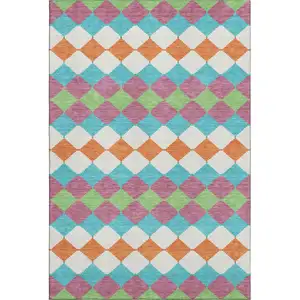 Photo of Blush Green And Teal Geometric Washable Area Rug With UV Protection