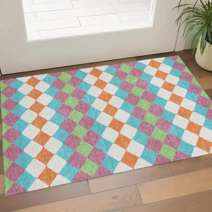 Blush Green And Teal Geometric Washable Area Rug With UV Protection Photo 1
